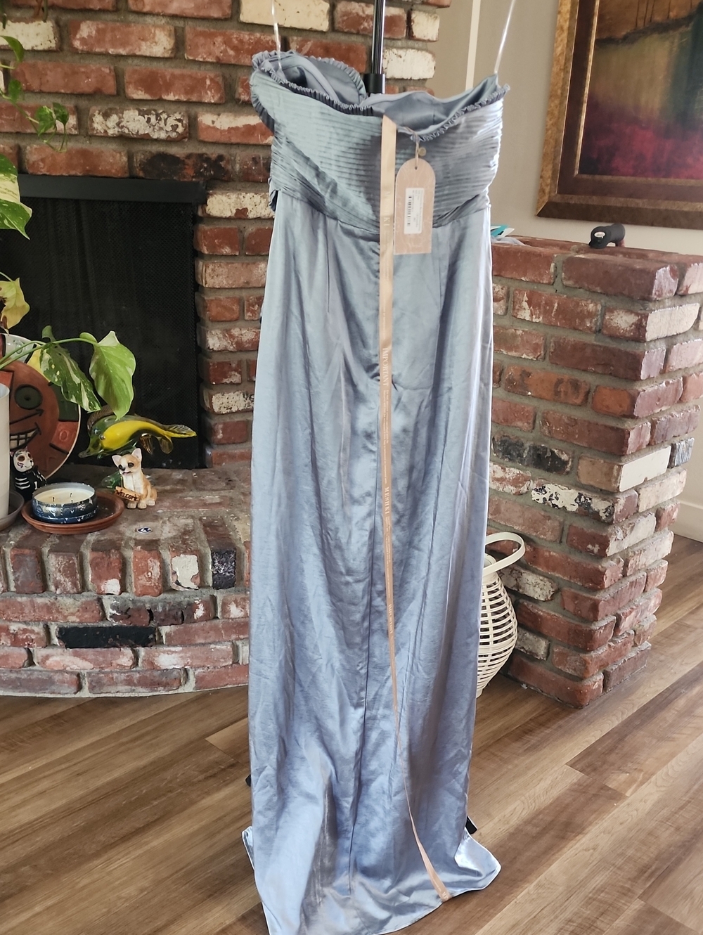 Meshki Slate Blue Strapless Satin Gown with High Slit - Picture 7 of 12